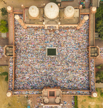 Aerial view of prayer during Eid al-Fitr at Jama Masjid in Delhi, India.