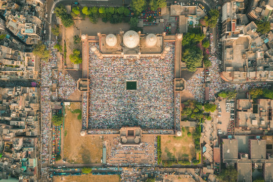 Aerial view of prayer during Eid al-Fitr at Jama Masjid in Delhi, India.