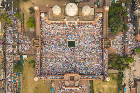 Aerial view of prayer during Eid al-Fitr at Jama Masjid in Delhi, India.