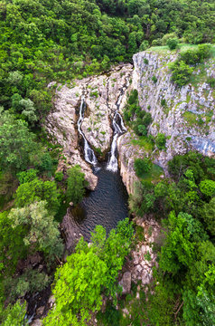 Aerial view of waterfall Mokranjske Stene in village mokranje near the Negotin, in Serbia