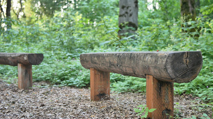 A pair of wood log benches in a park playground with green forest background.