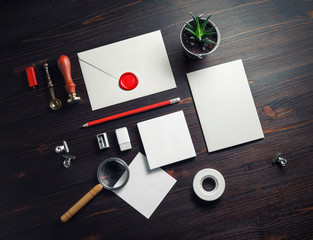 Blank vintage stationery set on wooden background. Responsive design mockup. Flat lay.nd. For...