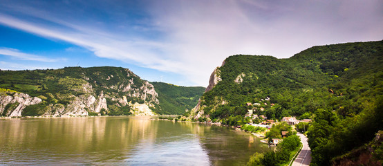 Aerial view of Danube river gorge in national park Djerdap in Serbia, Serbian and Romanian border