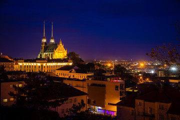 View to the red roofs of Brno city with Cathedral of Saints Peter and Paul. Morawia, Czech Republic