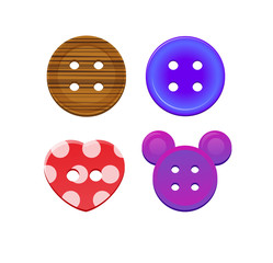 Sewing button vector kids fashion design clothing accessory collection clothes tailor illustration set of colorful childish plastic cloth round object cat owl to sew dress isolated on white background