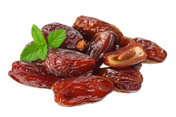 date fruit with green leaf isolated on white background. top view