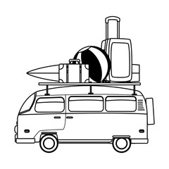 Retro van with surf table and luggage in black and white