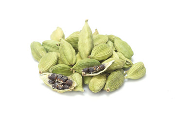 Cardamom on white background, Cardamom in spoon, cardamom isolated