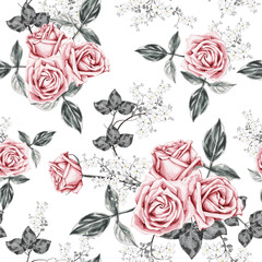 Seamless pattern pink Rose vintage flowers background.Vector illustration hand drawn watercolor style.