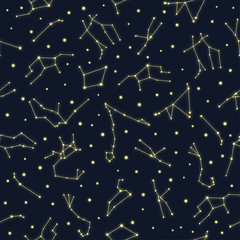 Zodiac star constellations seamless pattern. Yellow glowing stars on dark background seamless wallpaper. Perfect for banners, prints, posters, fabric, textile, etc.