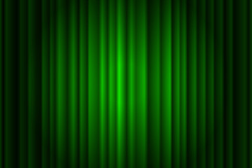 Closed silky luxury green curtain stage background spotlight beam illuminated. Theatrical drapes. Vector gradient illustration