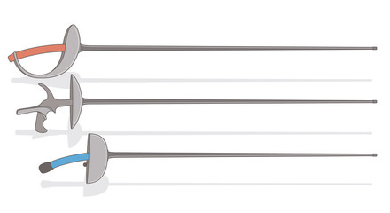 fencing swords, the saber, foil and epee with silhouette of fencers on grey background