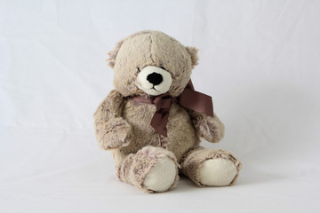 Cuddly stuffed teddy bear on a white neutral background