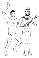 Young men in summer time cartoons in black and white