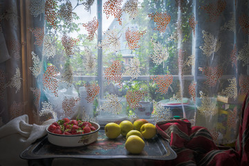 Still life with apples and strawberries