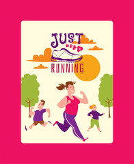 Run lettering just keep running shoes marathon people vector sneakers or trainers poster. Motivation text typography illustration runners inscriptions run characters on white background
