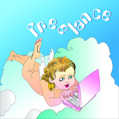 angel in the clouds behind the laptop