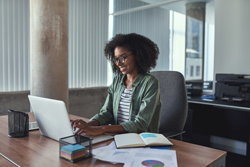 Successful young businesswoman using laptop