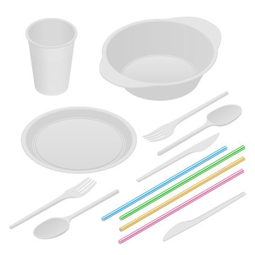 Isometric white plastic tableware and napkins isolated on white. Plastic dishes, plastic plate, fork, spoon, knife, glass, tube