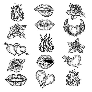 Vector hand drawn set of pop art brocken heart, hearts with arrow, heart with wings and heart punctured by sword, lips, mouth, fire, and roses.