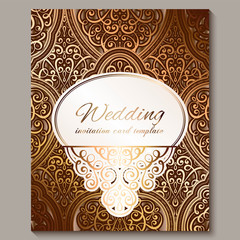 Wedding invitation card with bronze and gold shiny eastern and baroque rich foliage. Ornate islamic background for your design. Islam, Arabic, Indian, Dubai.