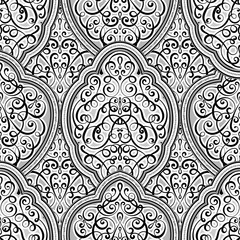 Seamless pattern Black and white shiny eastern and baroque rich foliage. Ornate islamic background for your design. Islam, Arabic, Indian, Dubai.