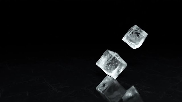 Two falling ice cubes on a textural surface in slow motion. 3d render