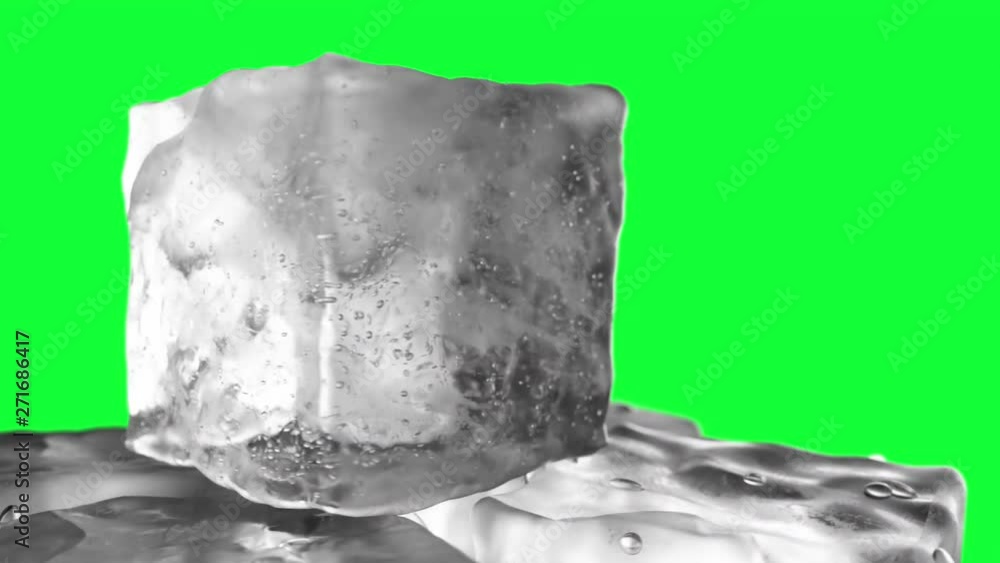 Poster looping rotation of ice cube on a green background chroma key green screen. seamless loop 3d animati