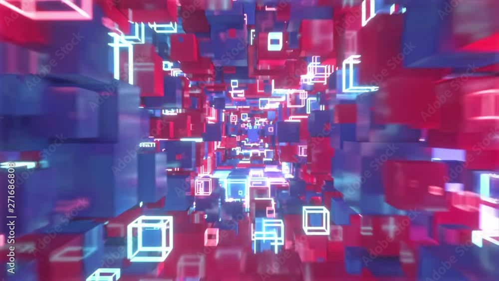 Poster flying in abstract motion space of colorful red and blue cubes with neon glowing cubes. seamless loo