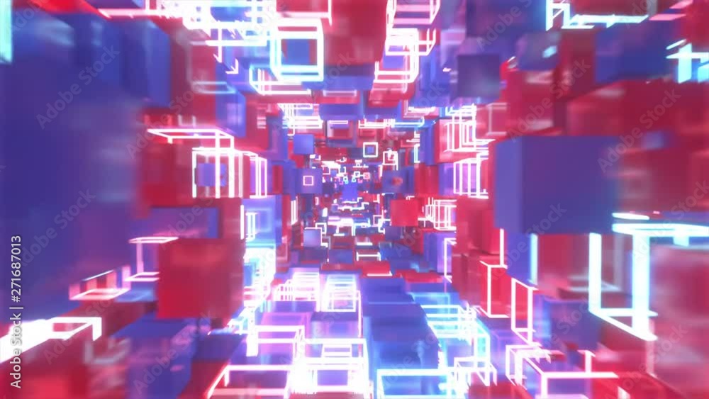 Aufkleber flying in abstract motion space of colorful red and blue cubes with neon glowing cubes. seamless loo