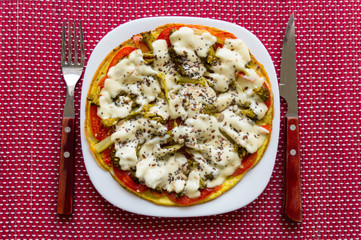  Omelet of tomato with broccoli and melted cheese. Super healthy.