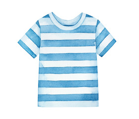 Basic t-shirt with navy blue striped pattern and short sleeve. Front view, one single object. Handdrawn water color sketchy painting on white background, cutout clip art element for design decoration.