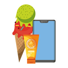 Smartphone and ice cream with sun bronzer cartoon