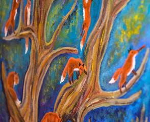 Abstraction drawing acrylic foxes on a tree fantasy dream fairytale blue background