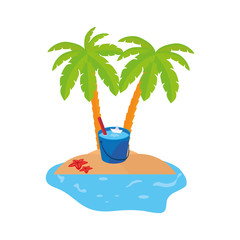 summer coastline scene with palms and water bucket