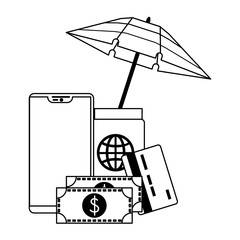 Summer travel and vacations cartoons in black and white