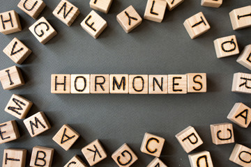 the word hormones wooden cubes with burnt letters, the value of hormones in the human body, gray background top view, scattered cubes around random letters