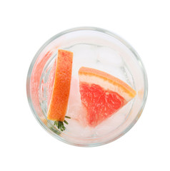 Glass of infused water with grapefruit slices isolated on white, top view