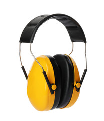 Protective headphones on white background. Professional construction accessory