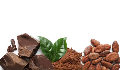 Composition with cocoa products on white background, top view