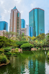 Fototapeta premium Pond and flamingos at Kowloon Park with skyscrapers behind.