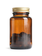 Bottle with vitamin capsules on white background