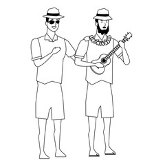 Young men in summer time cartoons in black and white