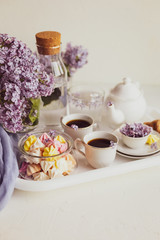 Purple spring lilac flowers  breakfast still life