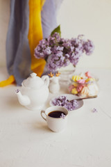 Purple spring lilac flowers  breakfast still life