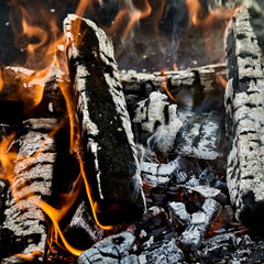 Hot coals and charred logs of wood in a fire