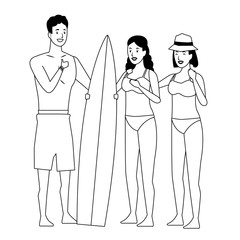 Young people and summer cartoons in black and white