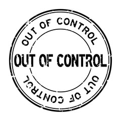 Grunge black out of control word round rubber seal stamp on white background