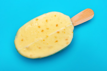 top view fresh popsicle with white chocolate outer on blue background