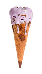sweet potato flavor ice cream cone melting with drips on white background with clipping path